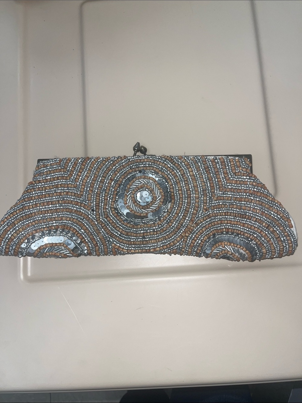 White House Black Market Silver and Tan Beaded Kiss-Lock Clutch